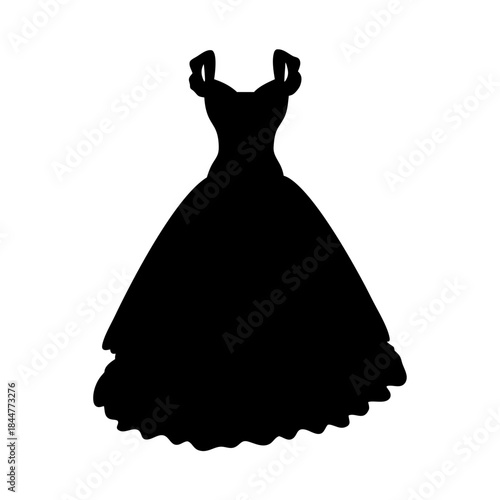 A black silhouette illustration of a formal evening dress or ball gown