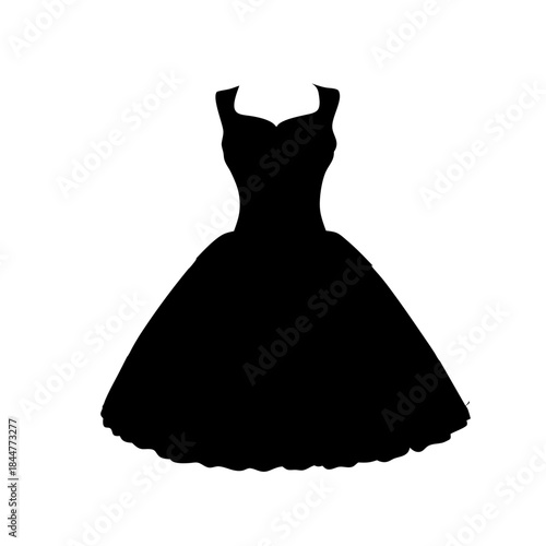 A silhouette of a vintage black dress with a sweetheart neckline and full skirt