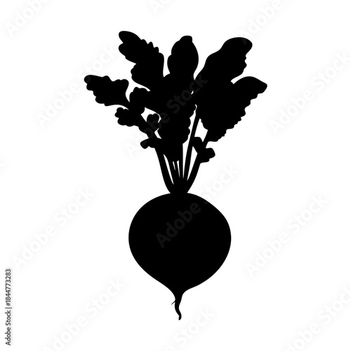 A minimalist black silhouette illustration of a beetroot with prominent leaves on a white background