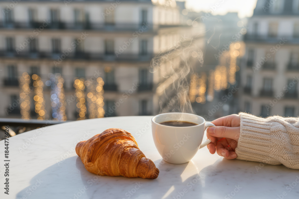 Fototapeta premium Steaming coffee and croissant on a marble table with a city view
