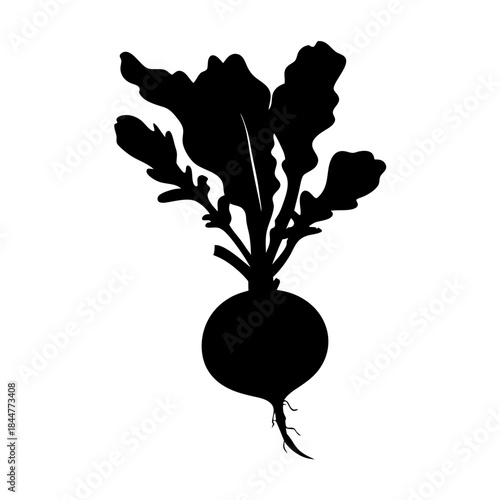 A simple black silhouette of a beet or radish with leafy greens on a white background