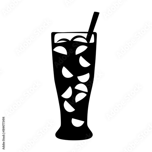 A simple black silhouette graphic of an iced beverage in a tall glass with a straw