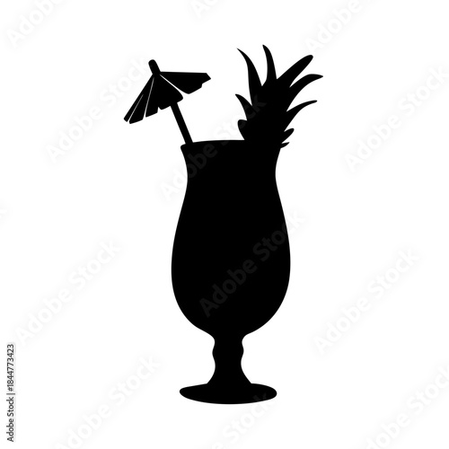 A tropical cocktail silhouette featuring a hurricane glass, pineapple garnish, and a small umbrella