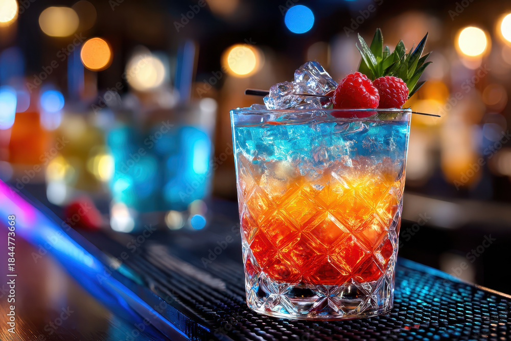 Naklejka premium Colorful cocktail served in a crystal glass at a vibrant bar during the night