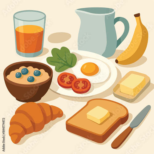 Breakfast Table Illustration with Eggs Toast and Fruit