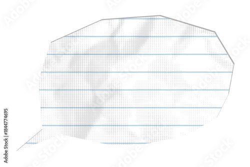Speech bubble cut out from white crumpled lined notebook paper sheet with rough edges. Grunge dialogue shape sticker with dotted texture. Modern retro vector illustration on transparent background