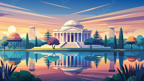 Very beautiful panoramic morning view of Jefferson Memorial and Washington Monument reflected on calm water, soft light, symmetrical composition, and tranquil atmosphere ideal for refined vector artwo