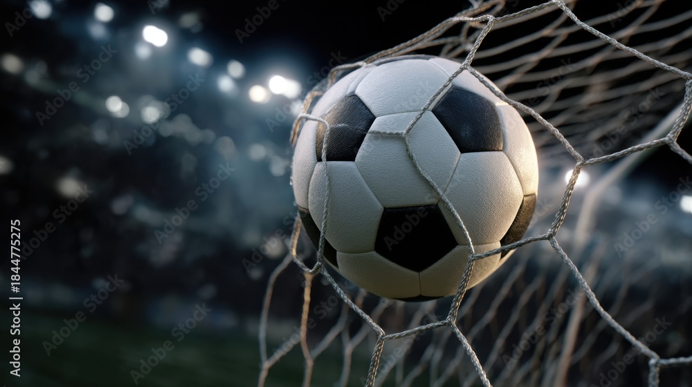Naklejka premium A soccer ball strikes the net while players compete in a match at night. Bright stadium lights illuminate the scene highlighting the excitement of the game.
