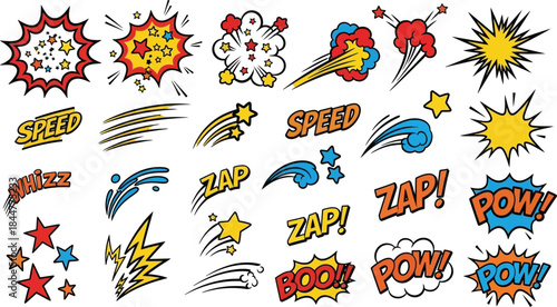 Fun comic-style doodle pack with explosion bursts, speed lines, motion marks, and stars, black vector outline
