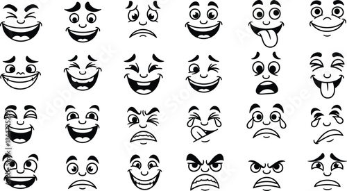 Funny expressive doodle faces, emotions, reactions, sketch icons, black vector outline