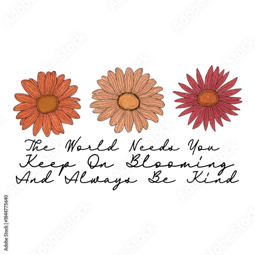 The World Needs You Keep On Blooming And Always Be Kind inspirational quote with warm-toned daisy flowers