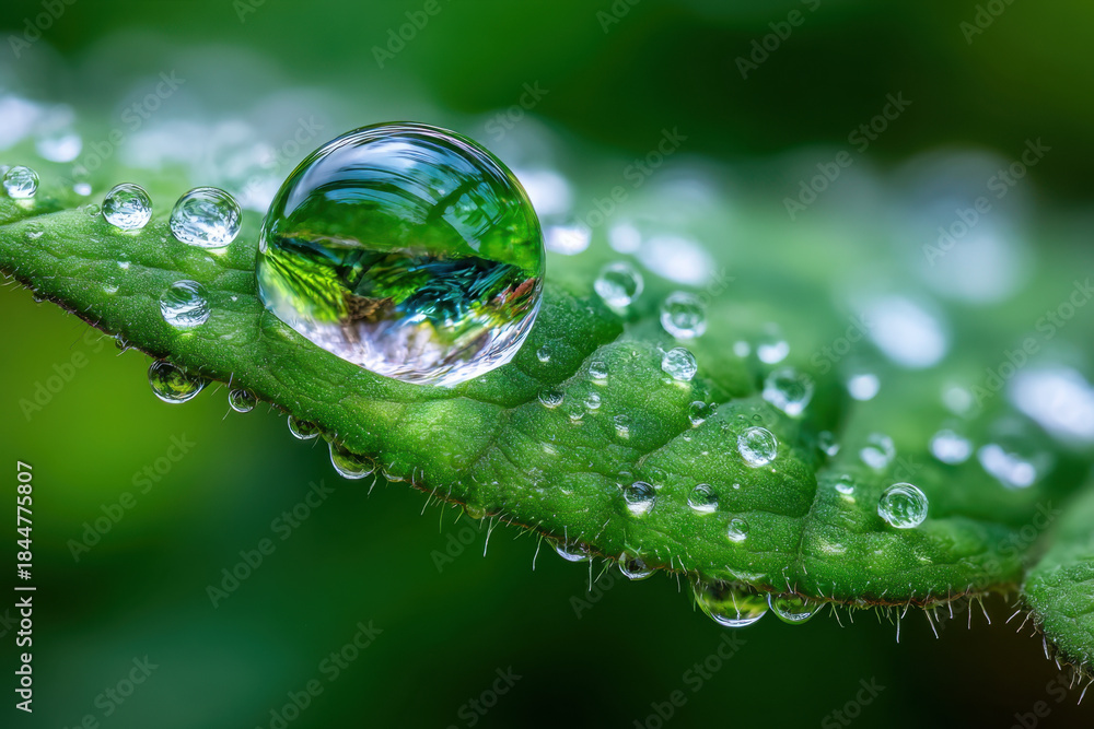 Fototapeta premium Large Water Droplet on Green Leaf Macro