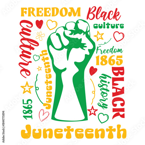 Juneteenth Freedom Black Culture bold typography design with raised fist, 1865 date, and heart elements