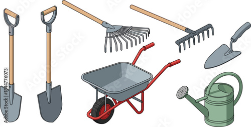 Gardening tools set, shovel, rake, trowel, wheelbarrow, watering can, landscaping equipment, outdoor work icons, flat vector illustration