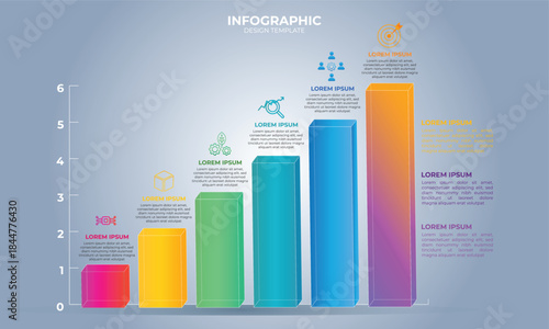 Modern multicolored bar chart infographic with six bright levels (fuchsia, yellow, green, blue, purple). Business hierarchy diagram with icons. Gray version template. Infochart infographic 