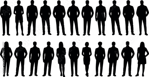 Silhouettes of businesspeople standing in row on transparent background