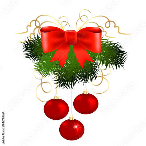 Christmas tree decorations with balls and bows and fir branches