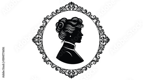 An elegant black silhouette portrait of a woman in an ornate vintage frame design