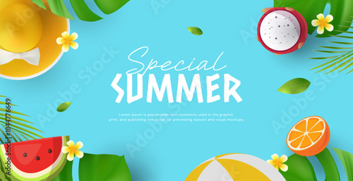 Summer banner design template. Blue background design with summer tropycal ornament