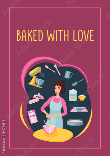 Vector baking classes poster with a woman breaking eggs into a bowl to prepare dough, kitchen tools and ingredients. Card for bakery ads, dessert recipes, cooking classes, and food blogs.