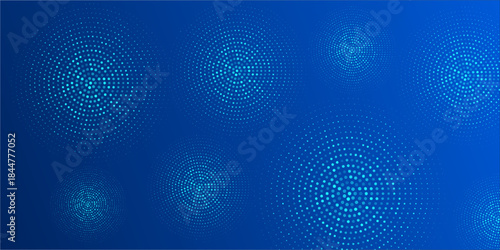 Digital technology pattern wallpaper. Glowing blue dotted circle background. Abstract dot round grid backdrop for business, science, healthcare, medicine, finance. Vector navy shining texture surface