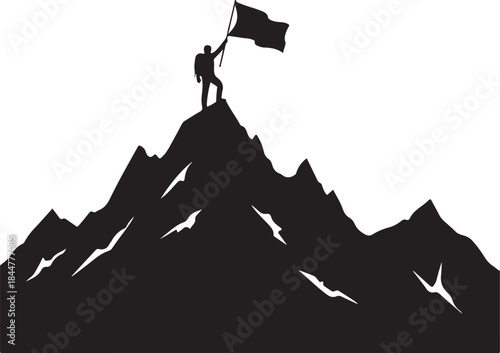Silhouette of a man reaching the summit of a mountain, proudly planting a flag, symbolizing success, achievement, and overcoming challenges