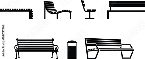 Black and white illustration of various bench designs and furniture isolated on