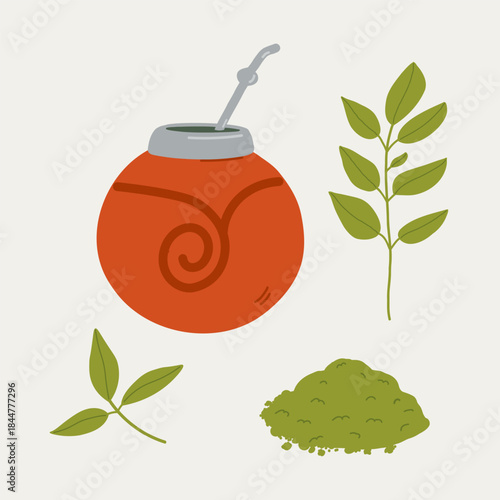 Yerba Mate and Pumpkin Calabash on isolated background. Hand drawn of mate branch with tea leaves. Vessel with hot drink. For logo, label, card. Food and drink, medicinal plant. Vector illustration