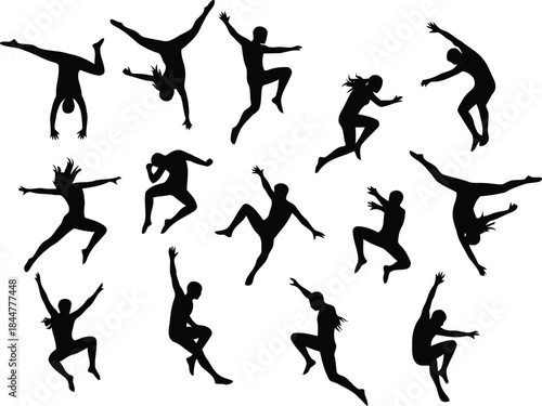 Collection of black silhouettes of people jumping in various poses isolated on
