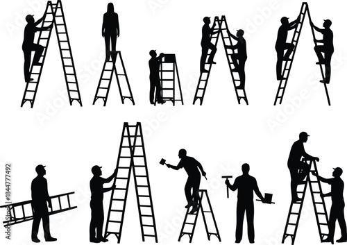 Silhouette of people working on ladders in various positions isolated on