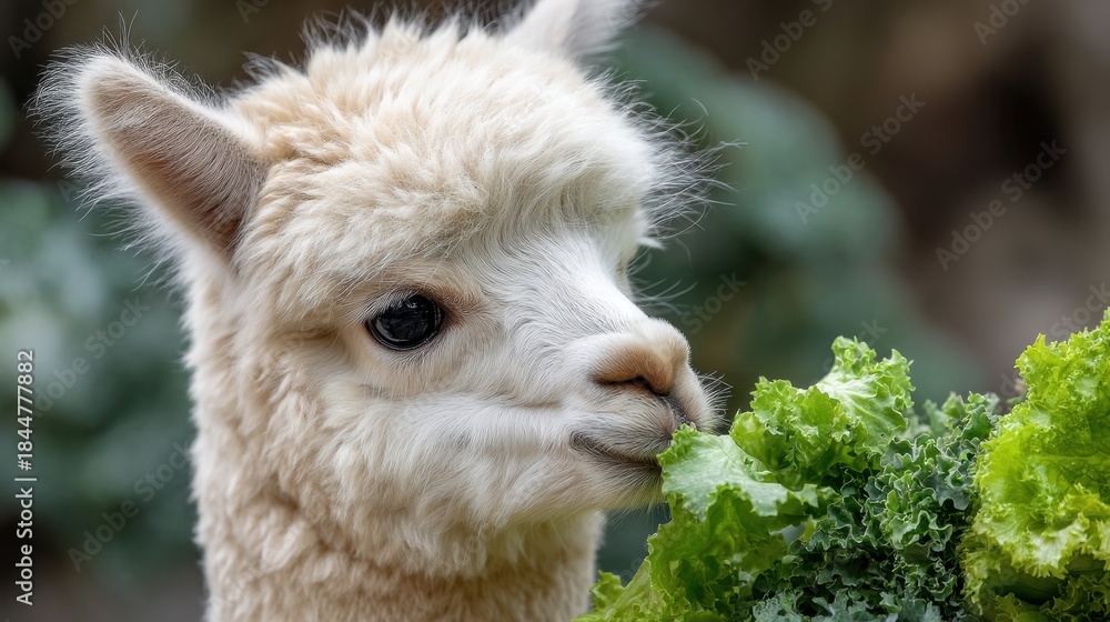 Fototapeta premium An alpaca eats lettuce while standing in a farm setting. The animal has a fluffy coat and appears focused on its meal. Green plants surround the scene showing a sunny day.