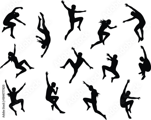 Collection of various black silhouettes of people dancing isolated on in different poses