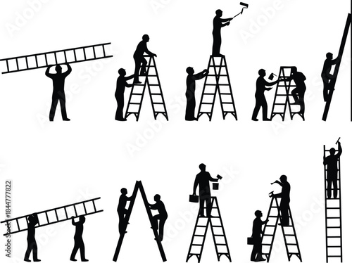Silhouette of construction workers on ladders performing various tasks isolated on