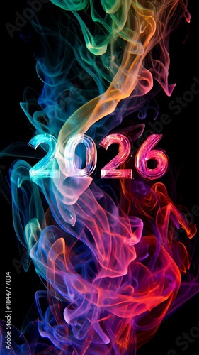 Vivid abstract swirling smoke trails in neon blue orange and purple illuminate the year 2026 against a black background.