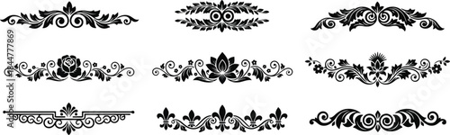 Collection of ornate black floral design elements and patterns isolated on