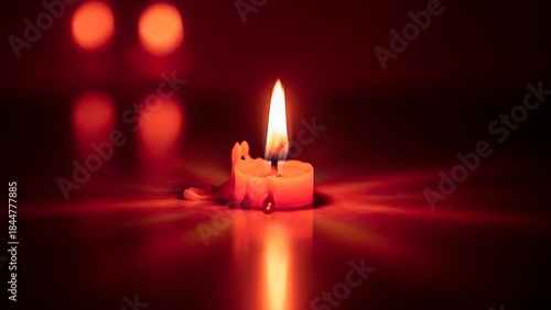 A single lit candle casting a warm glow with soft bokeh lights in the background