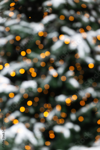 Abstract bokeh background of warm golden Christmas lights and snowy green branches. Ideal festive holiday wallpaper.