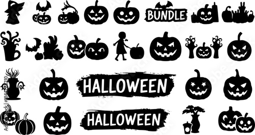 Halloween silhouettes, Halloween bundle, Collection of Halloween silhouettes, Halloween vector, Halloween, Halloween elements icon