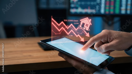 Real estate market crash, downward trend graph showing housing collapse and significant percentage drops viewed on a tablet, symbolizing economic crisis.