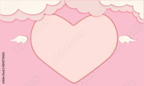Valentine’s Day romantic background with heart and clouds in soft paper cut style. Cute pastel illustration with empty space, perfect for banners, cards and love designs.