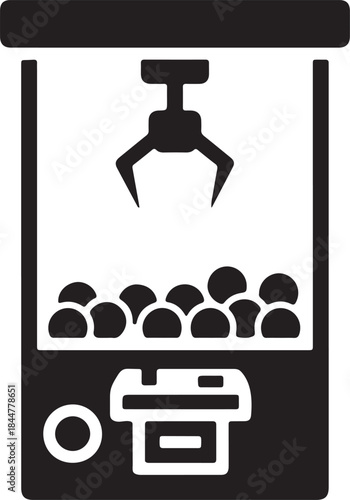 Simple silhouette icon of a classic arcade claw machine, featuring a gripping arm above numerous prizes and a coin slot mechanism.
