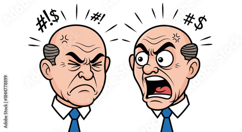 Angry Expressions Cartoon Bald Man with Raised Fists, Symbols, and Yelling Face Depicting Frustration