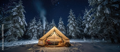 Cozy tent glowing warmly amidst a snowy forest, surrounded by tall trees under a starry night sky.