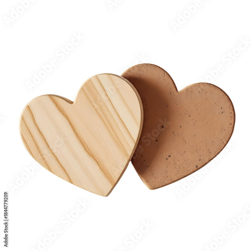 Heart-shaped coaster set wood or cork, isolated on transparent background