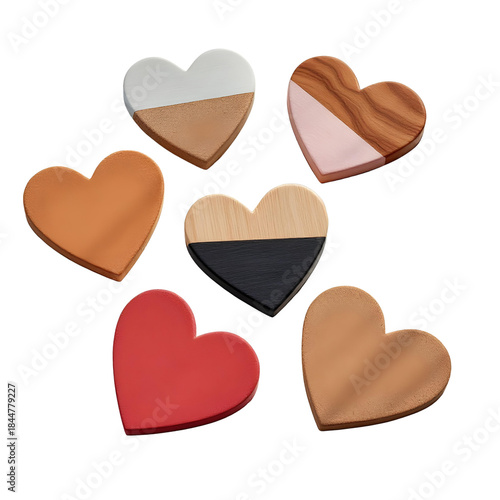 Heart-shaped coaster set wood or cork, isolated on transparent background