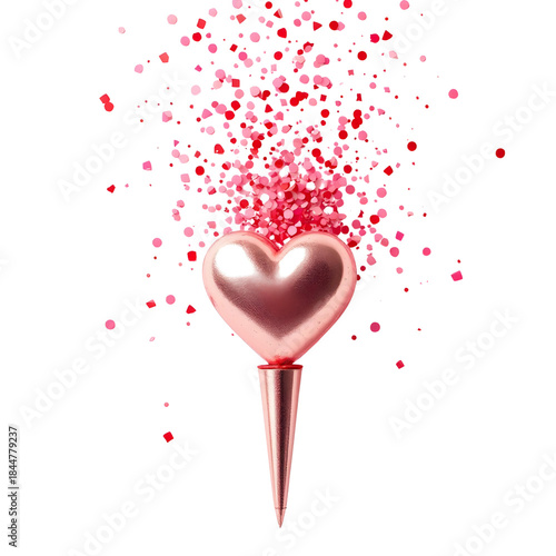 Heart-shaped confetti popper tube, isolated on transparent background