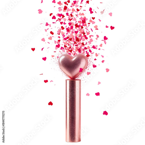 Heart-shaped confetti popper tube, isolated on transparent background