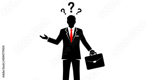 Executive Dilemma Silhouetted Businessperson with Briefcase and Question Marks Signaling Uncertainty