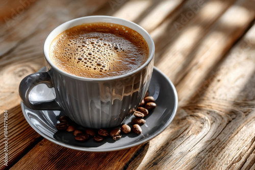 Gray Coffee Cup Filled with Fresh Brew and Coffee Beans on Rustic Wood Table
