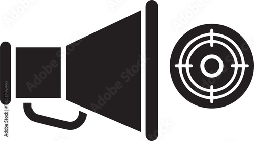 Black silhouette of a megaphone next to a target symbol bullseye announcement